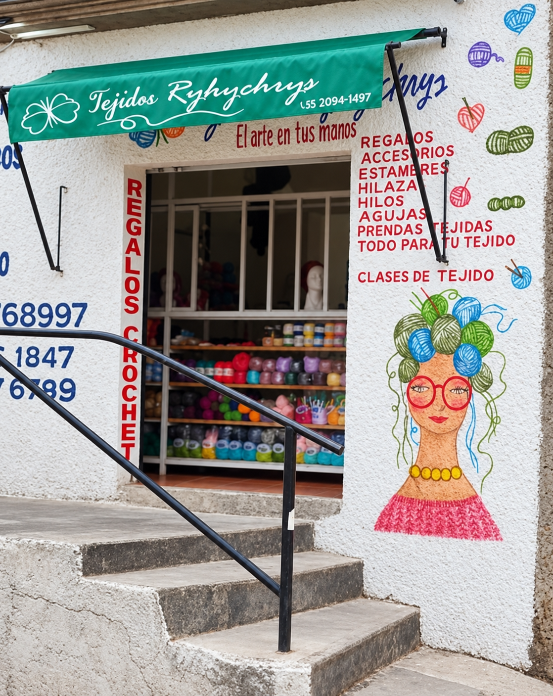 Fotografía retocada de la entrada de Tejidos Rykychris, con toldo verde y mural de estambres